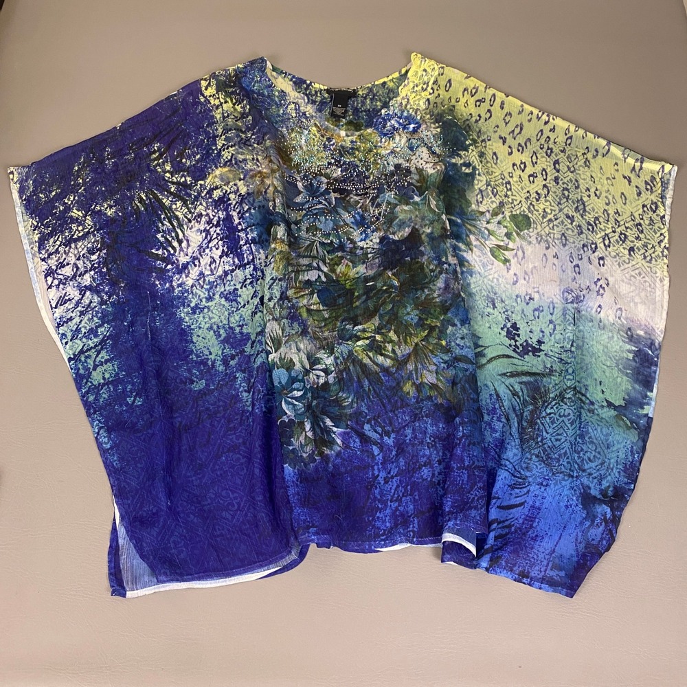 Maggie Barnes Kaftan Tunic Poncho Top 3X Blue Floral Animal Print Beaded *Flaws*